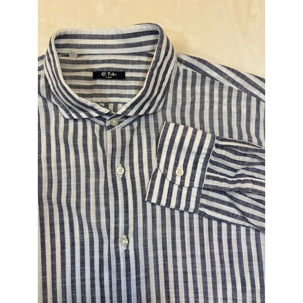 Tiki Napoli Blue White Striped Cotton Button Up Shirt Mens 17 Excellent